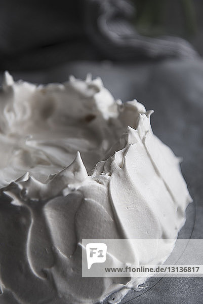 Close-up of meringue batter on pavlova