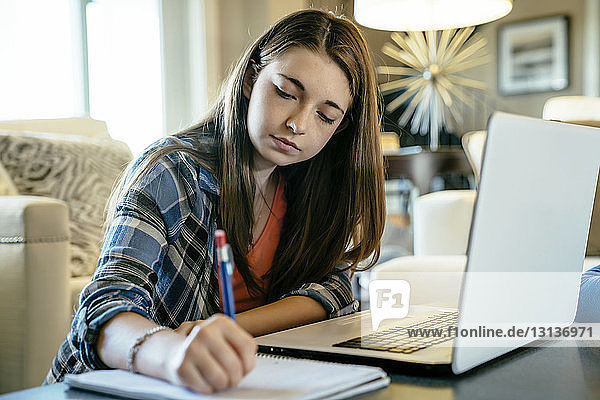 Serious teenage girl doing homework using laptop computer at home