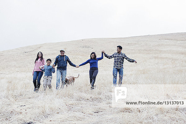 Happy family holding hands while walking on field with dog against clear sky