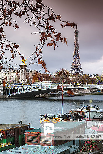 Pont Alexandre III über der Seine bei Eiffelturm gegen bewölkten Himmel