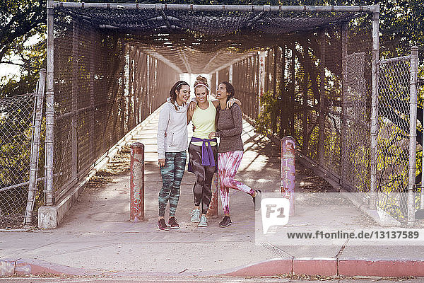 Fröhliche Freunde stehen am Eingang der Brücke