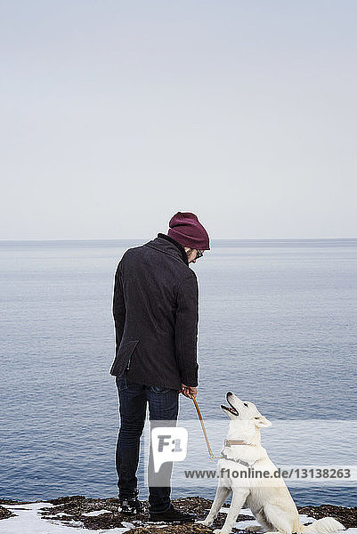 Rückansicht eines Mannes mit Hund  der im Winter am Meeresufer steht