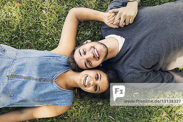 Overhead portrait of happy couple lying on grass