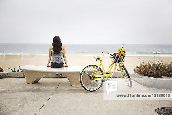 Rear view of woman looking at beach while sitting on bench by bicycle