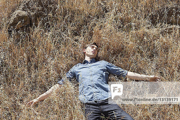 High angle view of man relaxing in field