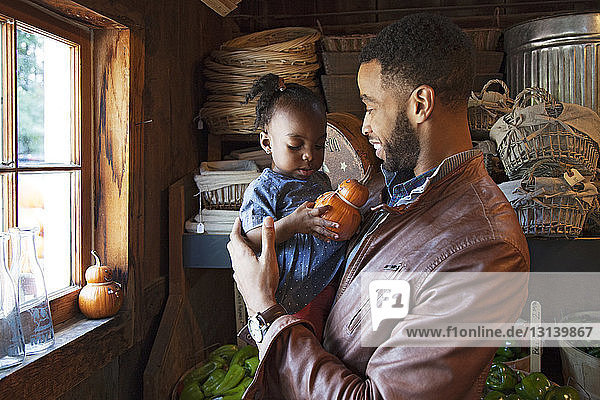 Father carrying baby daughter with squash in organic shop