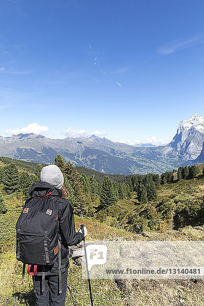 Rückansicht eines Wanderers mit Rucksack  der auf einem Berg vor blauem Himmel steht