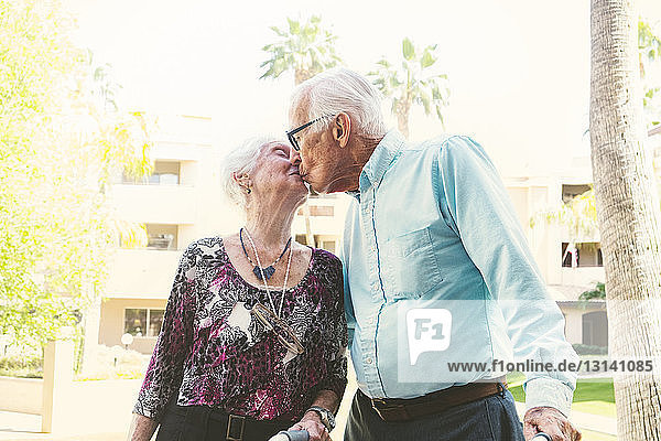 Älteres Paar küsst sich an einem sonnigen Tag im Park stehend