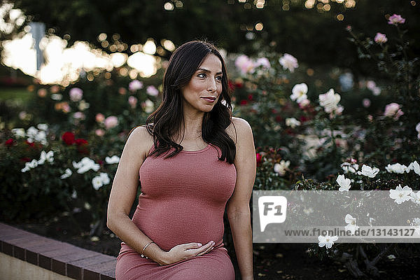 Schwangere Frau mit der Hand auf dem Bauch schaut weg  während sie im Park gegen Pflanzen sitzt