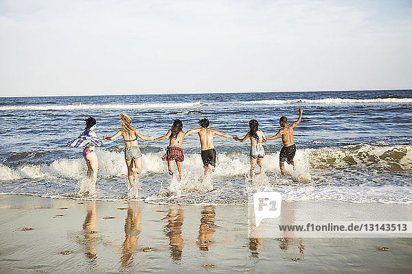 Rear view of friends holding hands and enjoying waves at shore on sunny day