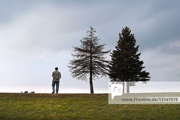 Mann neben zwei Bäumen stehend