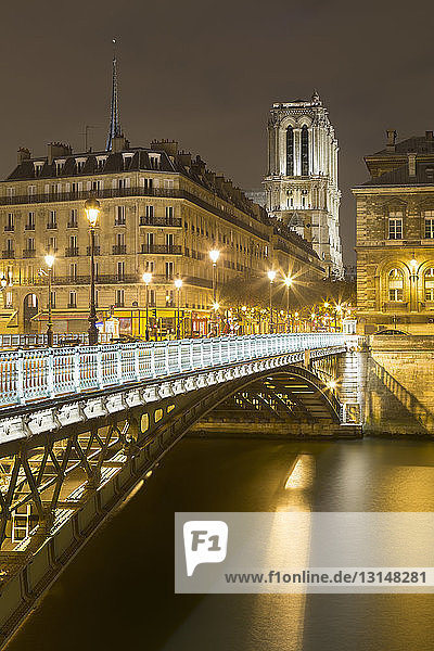 Blick auf die Pont d'Arcole und die Kathedrale Notre-Dame bei Nacht  Paris  Frankreich