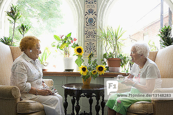 Two mature ladies having tea