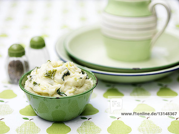 Colcannon potato mash in green vintage bowl