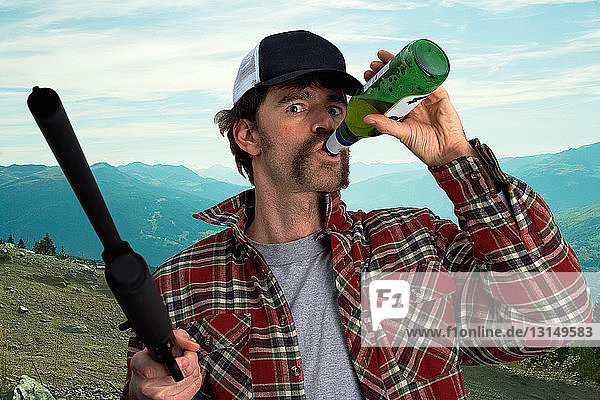 Man with automatic gun drinking beer