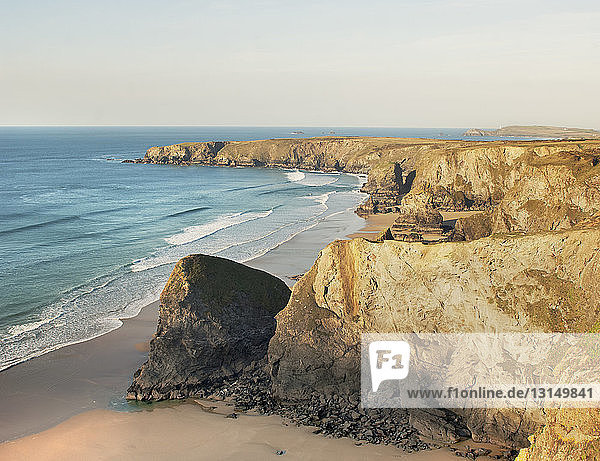 High angle view of coastal cliffs and beaches  Benruthan Steps  Cornwall  England  UK