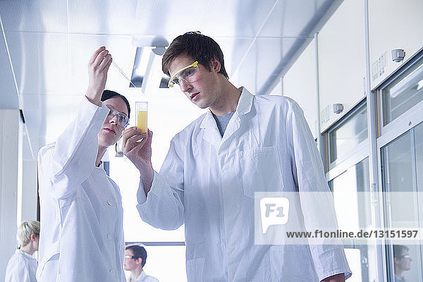 Chemiestudenten beim Mischen von Chemikalien im Labor