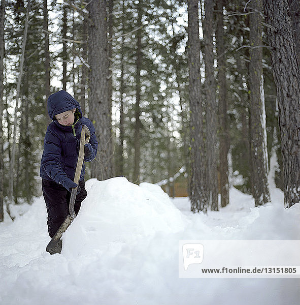Boy clearing snow using shovel