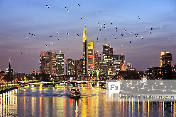 River Main and Frankfurt skyline at dusk  Frankfurt  Germany