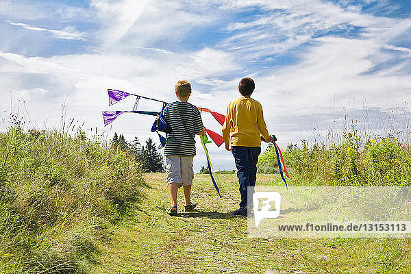 Boys walking with kite