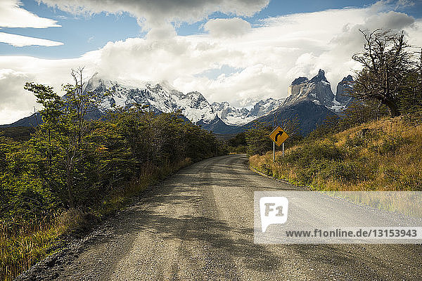 Road near Lago Pehoe leading through Torres del Paine National Park  Patagonia  Chile