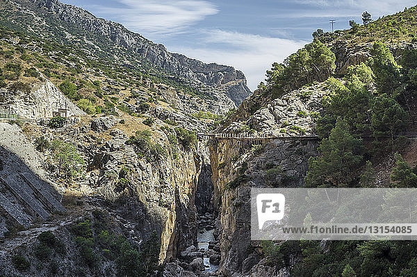 Elevated view of river and gorge at Caminito Del Ray  El Chorro  Malaga  Spain