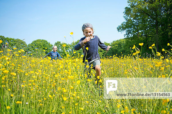 Brothers running through long grass and flowers