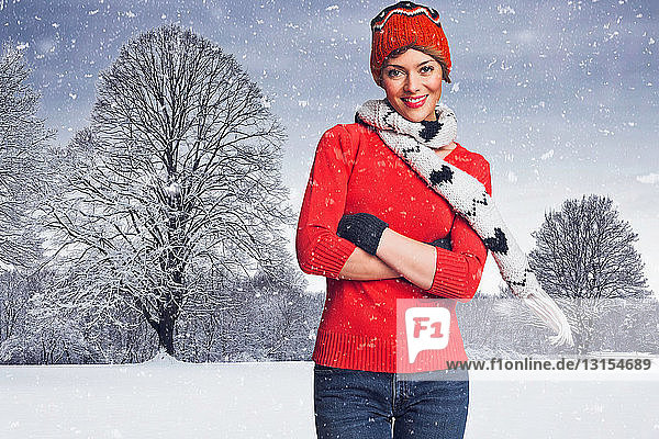 Woman wearing winter gear in snow