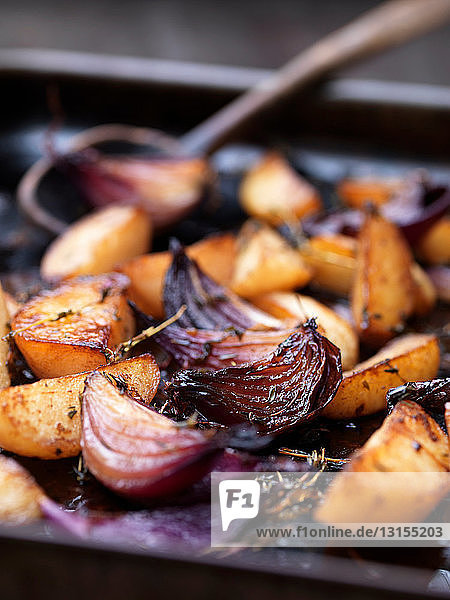 Close up of roasted vegetables in tray