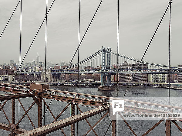 The Manhattan Bridge from the Brooklyn Bridge  New York  USA