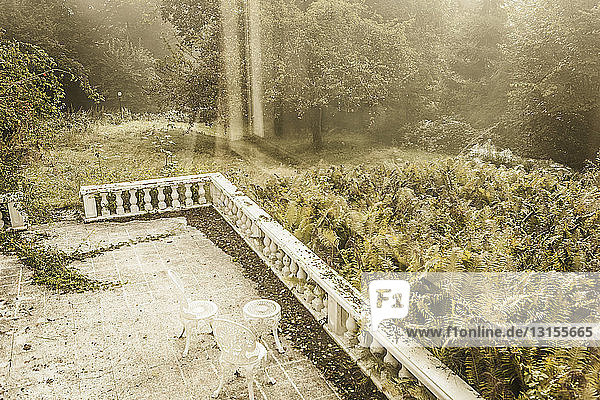 Überwucherter traditioneller Innenhof und vernachlässigter Garten