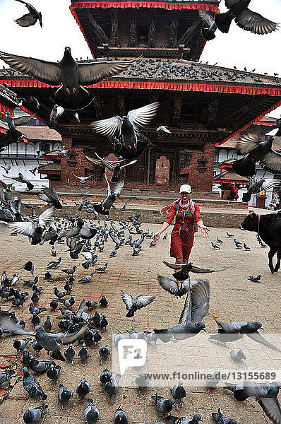 Frau läuft durch einen Taubenschwarm vor dem Jagannath-Tempel am Durbar Square in Kathmandu  Nepal