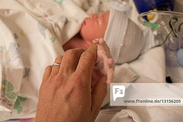 Neugeborener Junge hält den Finger der Eltern fest