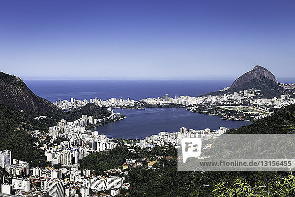 Elevated view of coastline and Ipanema  Rio de Janeiro  Brazil