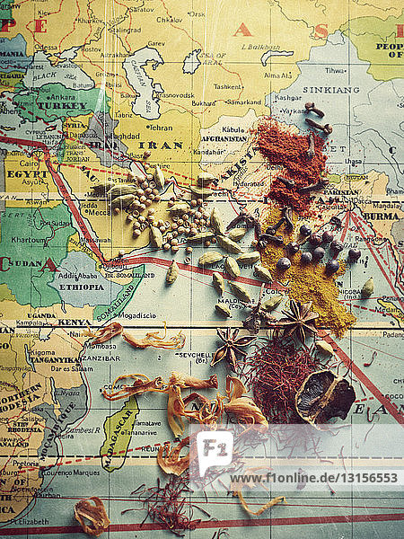 Gewürze  Chilis  Nelken  Sternanis  Vanille  Muskatblüte  Kurkuma  Zimt  Safran auf der Karte der Gewürzroute des Subkontinents