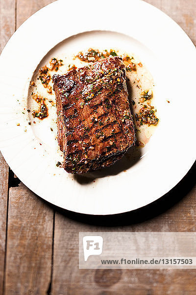 Close up of plate of flank steak
