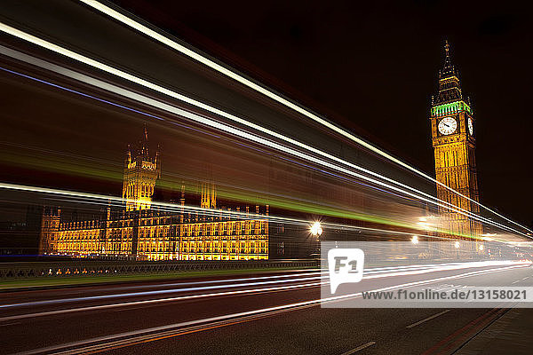Light trails and Palace of Westminster London  UK