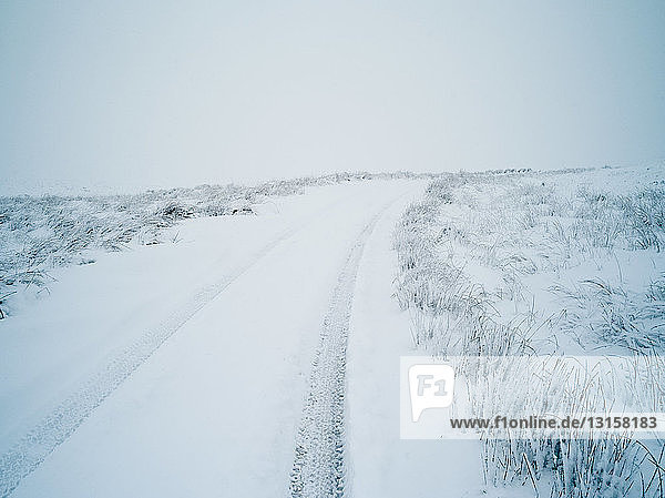 Autospuren im Schnee  Swaledale  Yorkshire  England  UK