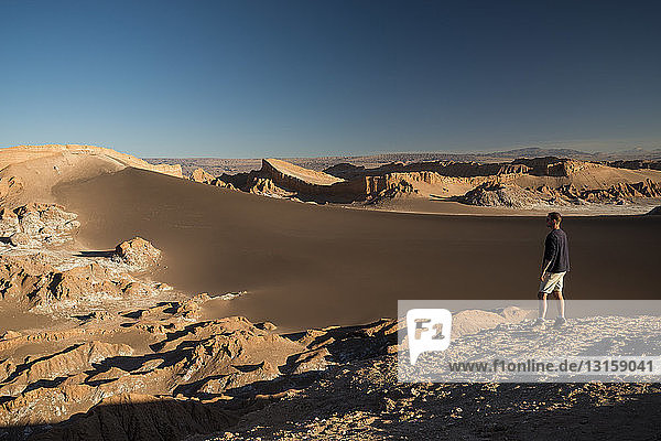 Mann genießt Aussicht  Sanddüne (Duna Mayor)  Valle de la Luna (Tal des Mondes)  Atacamawüste  El Norte Grande  Chile