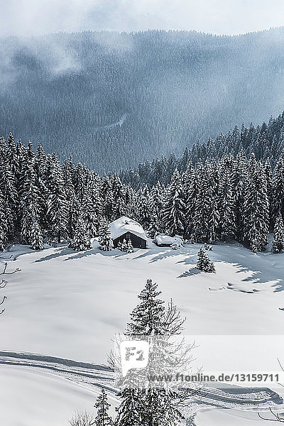 Schneebedeckte Hütte in winterlicher Landschaft