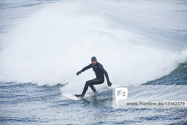 Mid adult man surfing ocean wave  Gloucester  Massachusetts  USA