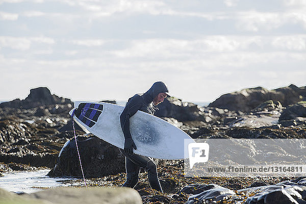 Male surfer carrying surfboard on rocky beach  Gloucester  Massachusetts  USA