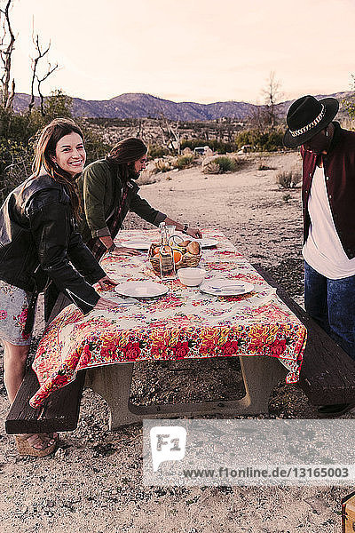 Three adult friends preparing picnic in desert  Los Angeles  California  USA