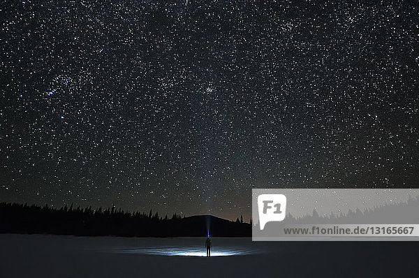 Mann blickt auf den Plejaden-Sternhaufen und das Sternbild Orion  Nickelplattensee  Penticton  British Columbia  Kanada