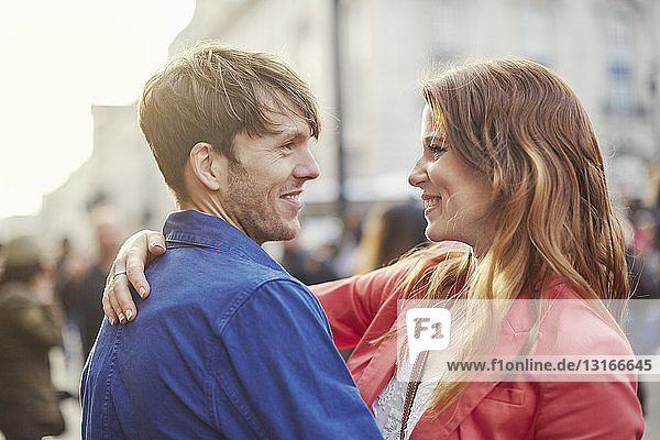 Romantic couple face to face on street  London  UK