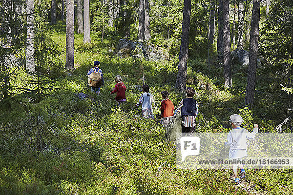 Six boys and girls dressed in retro clothing walking in forest