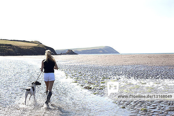 Frau geht mit Hund am Strand spazieren  Wales  UK