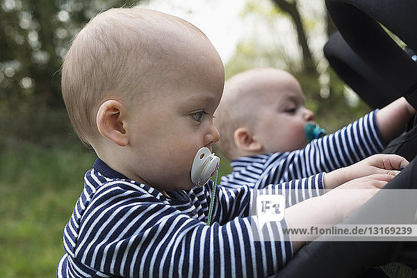 Kleine Zwillingsbrüder mit Schnullern  die mit ihren Kinderwagen spielen