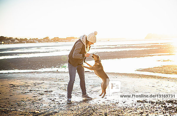 Junge Frau spielt mit ihrem Hund am Strand