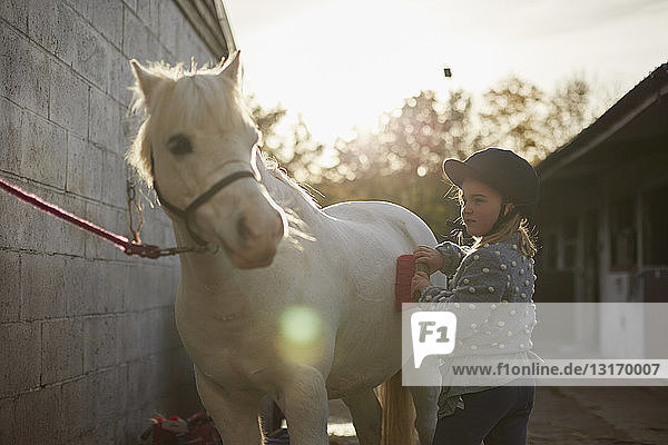 Mädchen pflegt weißes Pony im Stall